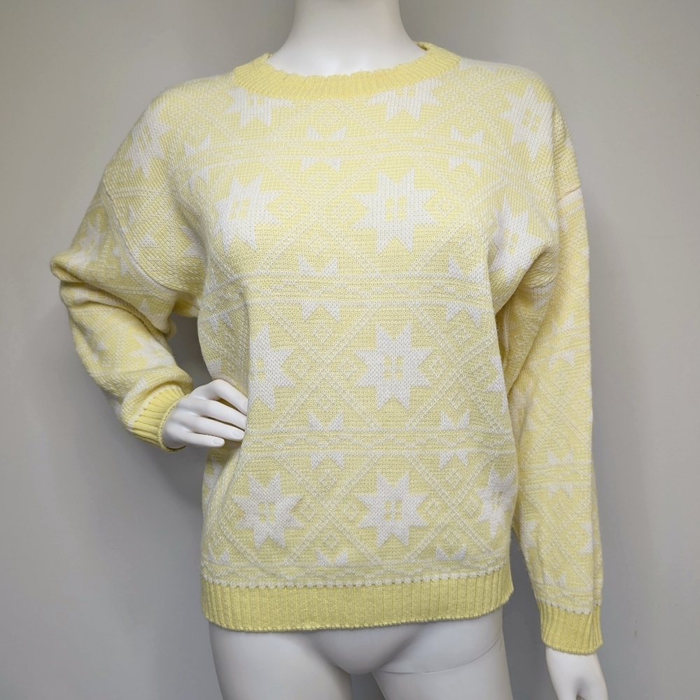 Vintage Bright Light Yellow & White Stars Fair Isle Pattern Crew Neck Sweater